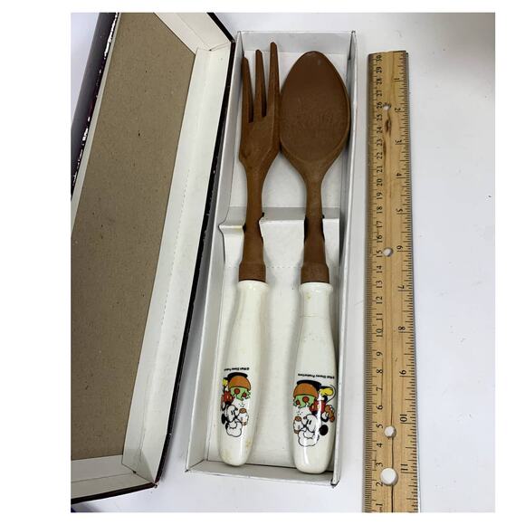 Vintage Disney Mickey Mouse Fork & Spoon Serving Set Wood Retro Kitchen Japan - Picture 5 of 7